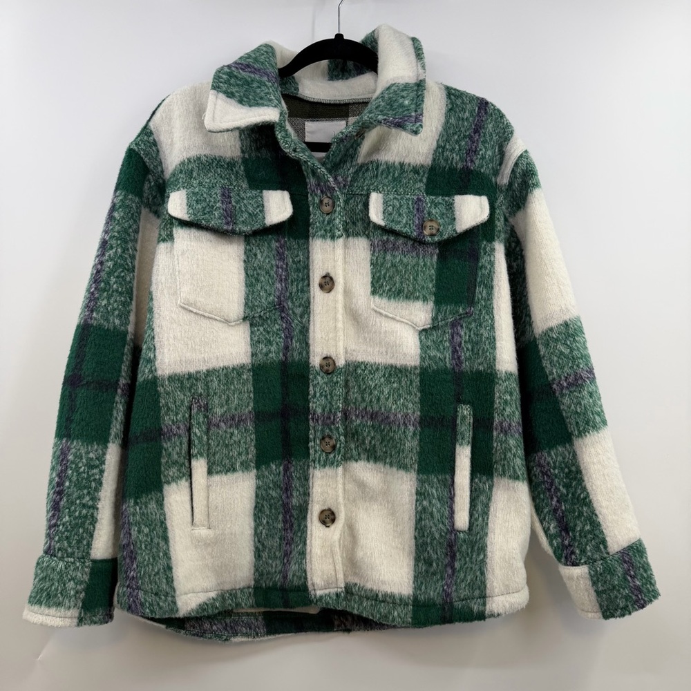 Avec Les Filles Plaid Sherpa Shacket Green Ivory Oversized Jacket L